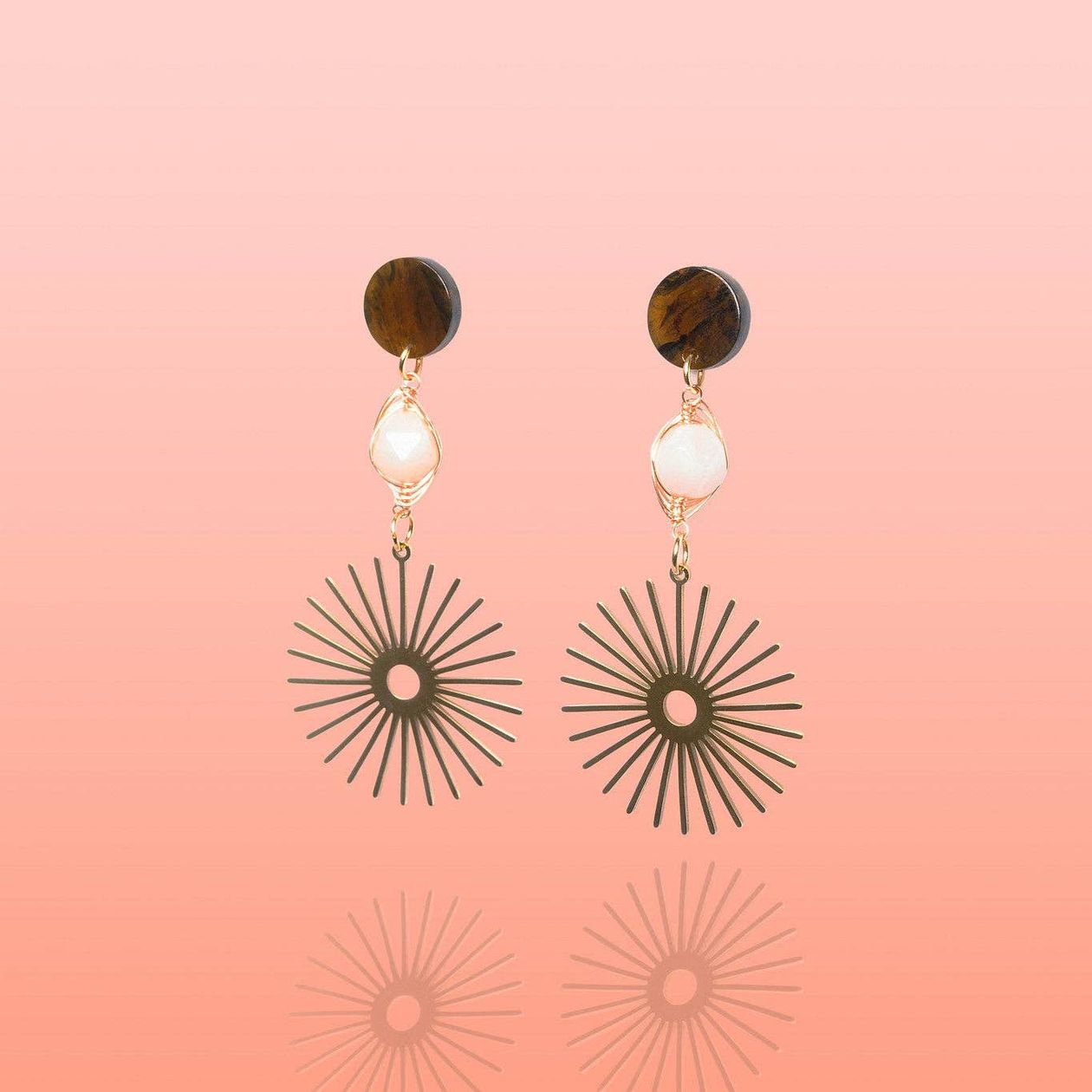 Sun Burst Earrings, Brown + Pink Jade