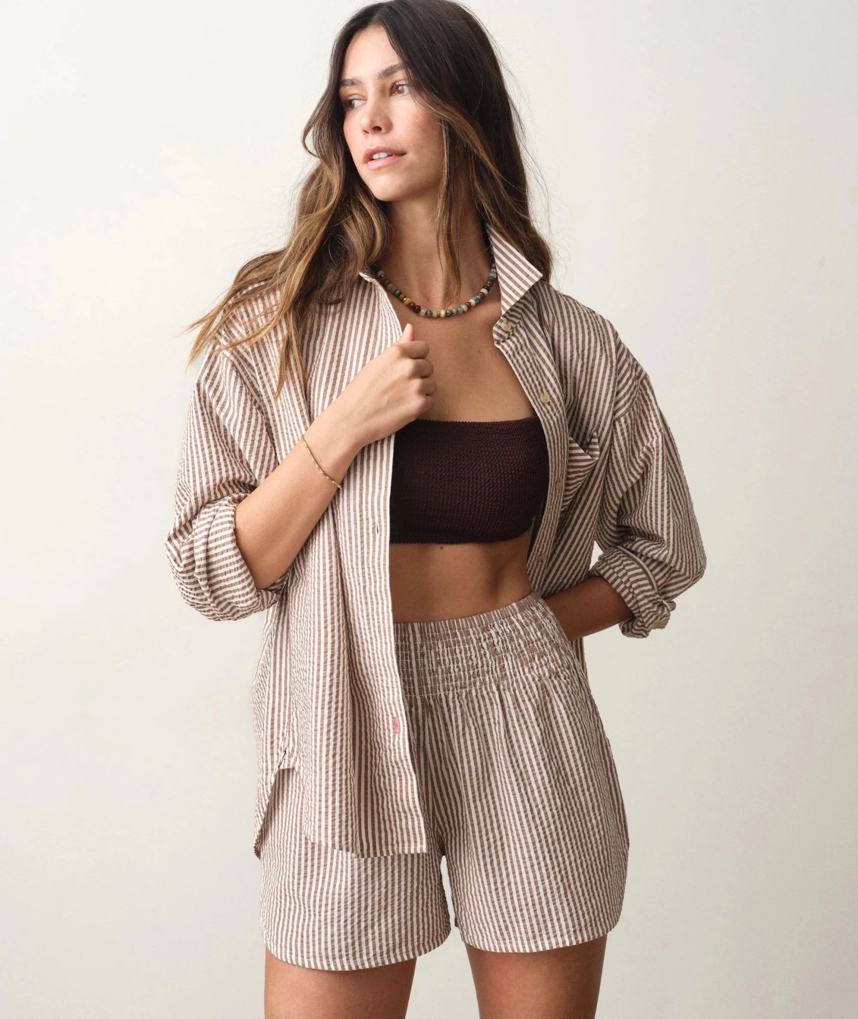 Rose & Lee Co Isla Shorts, Mocha Stripe by Marine Layer Other Shorts