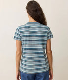 short sleeve top with small blue, green and white stripes, crew neckline