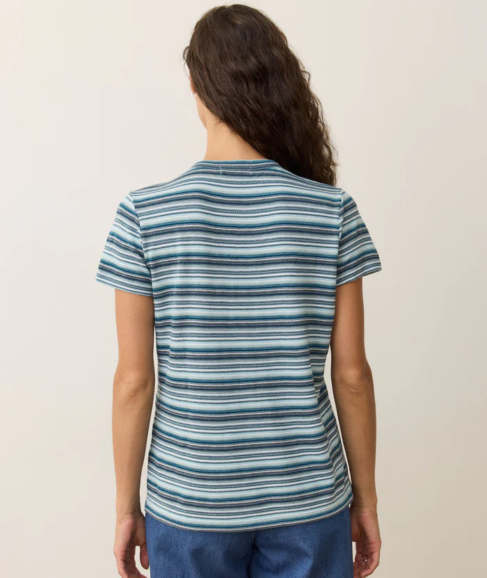 short sleeve top with small blue, green and white stripes, crew neckline