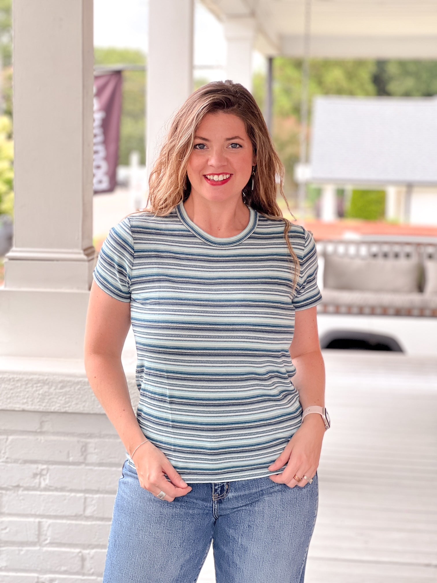 short sleeve top with small blue, green and white stripes, crew neckline