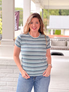 short sleeve top with small blue, green and white stripes, crew neckline