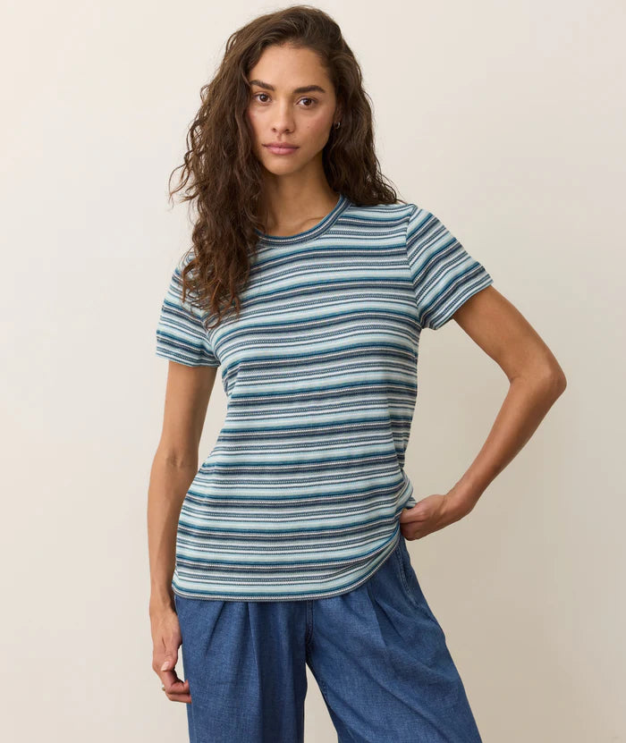 short sleeve top with small blue, green and white stripes, crew neckline