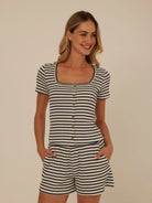 Rose & Lee Co Jamila Top, Ecru/Stargazer Stripe short sleeve