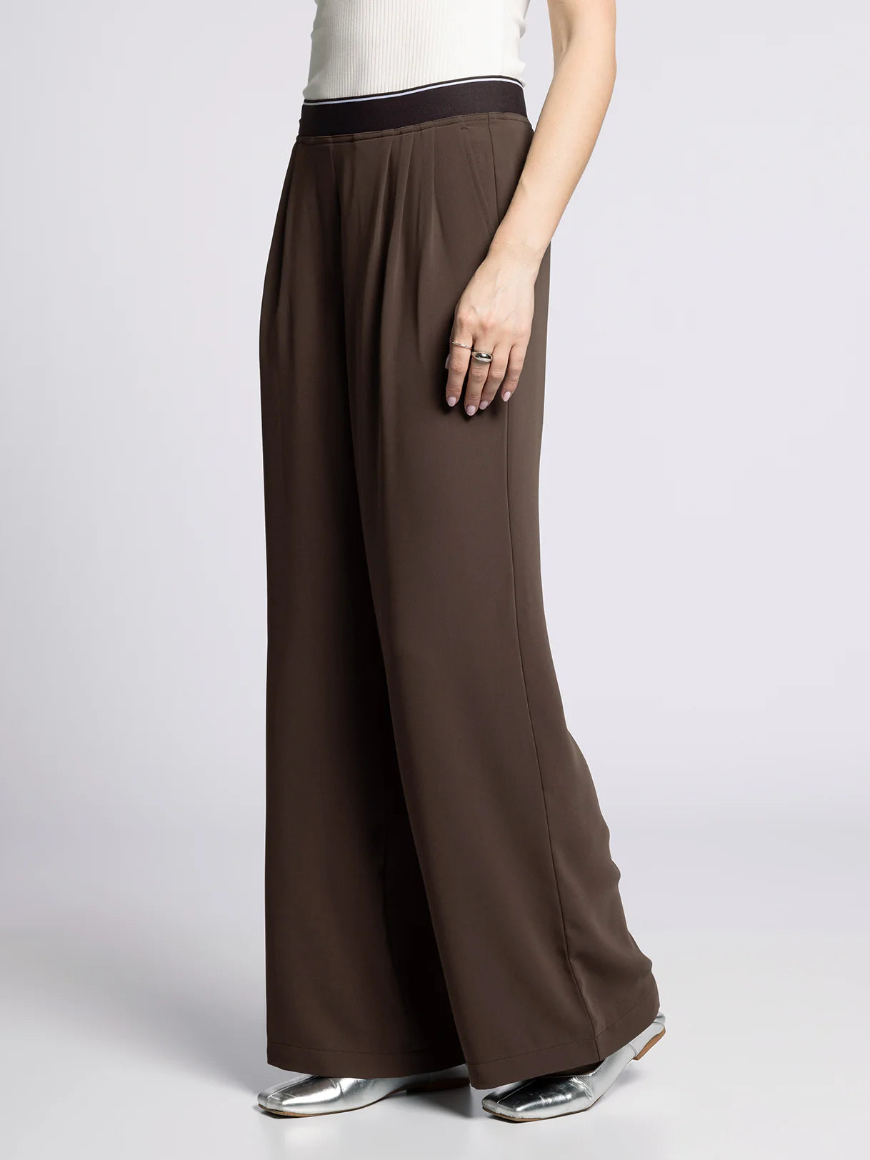 Brown Elastic Waist Wide Leg Pants
