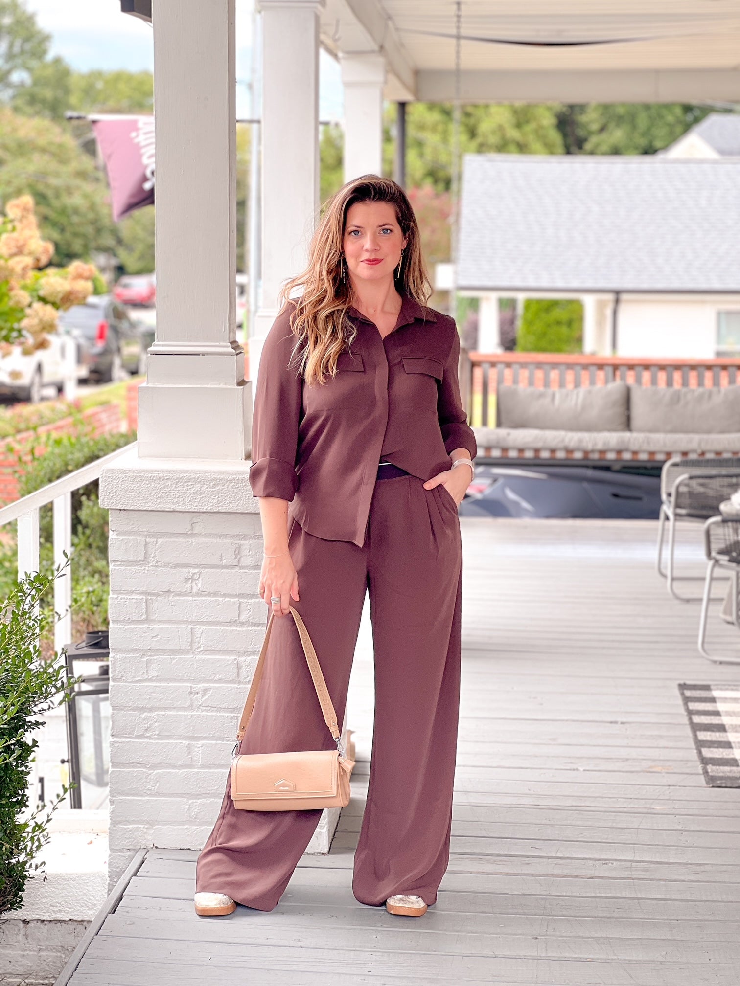 Brown Elastic Waist Wide Leg Pants