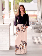 wide leg pants, large floral pattern, grey brown and black
