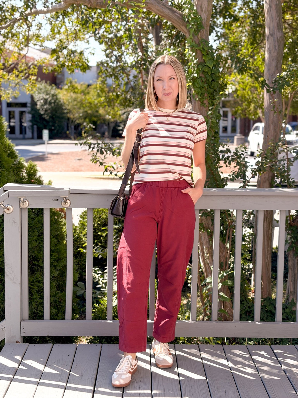 Rose & Lee Co Asher Tee, Pink/Burgundy Stripe short sleeve