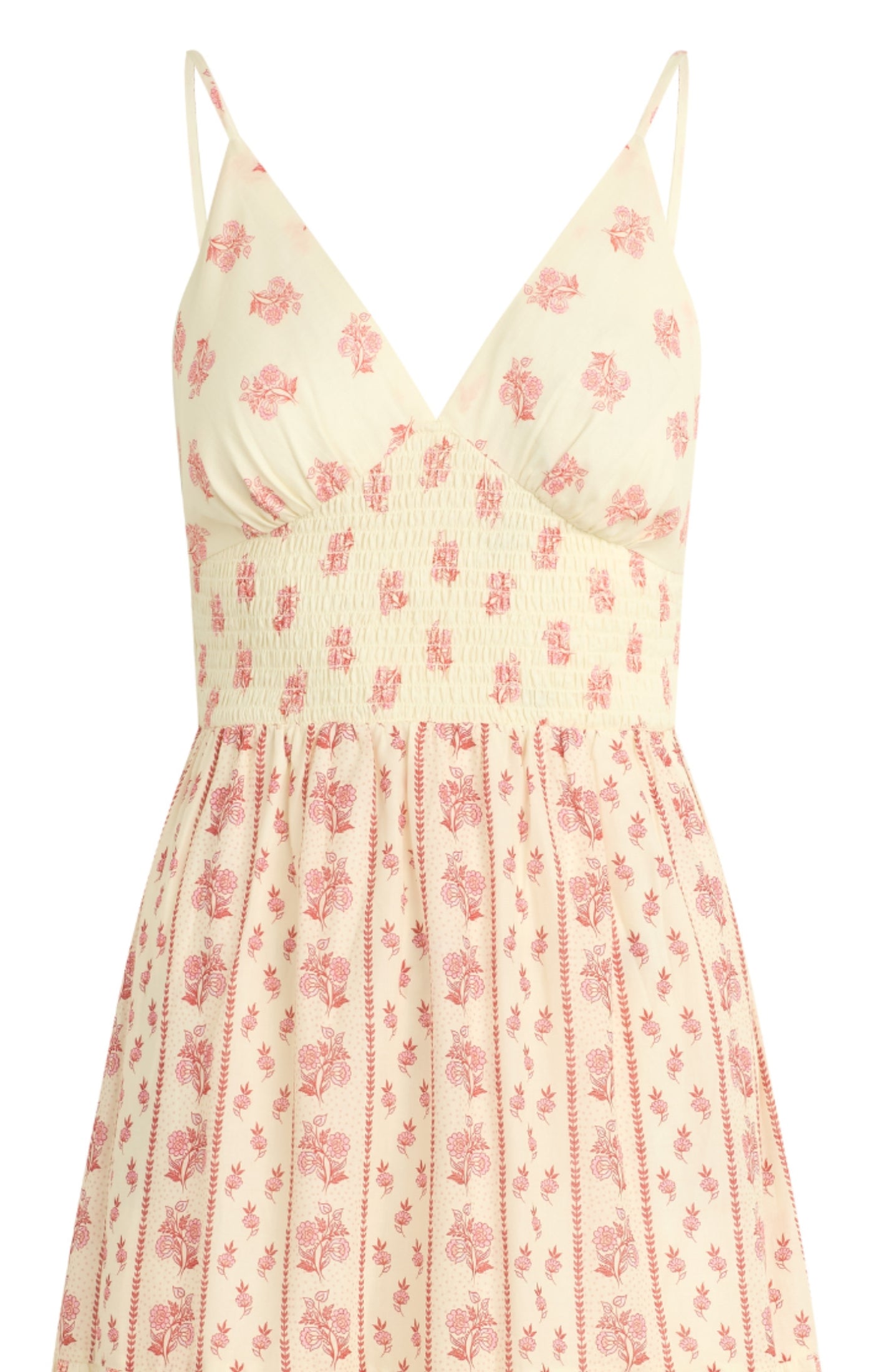 maxi length dress with pink floral pattern