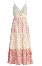 maxi length dress with pink floral pattern