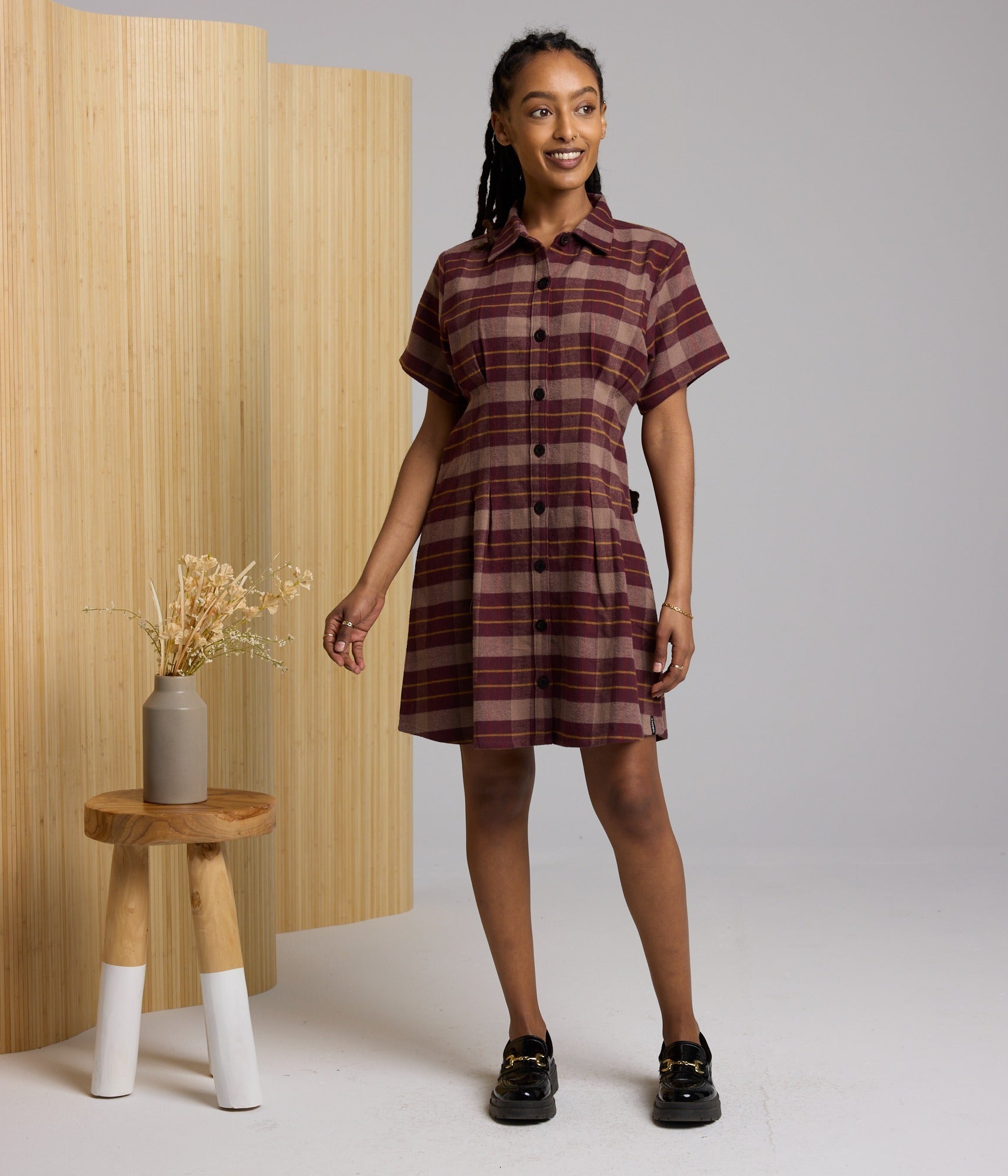 Brown Plaid Short Sleeve Mini Dress
