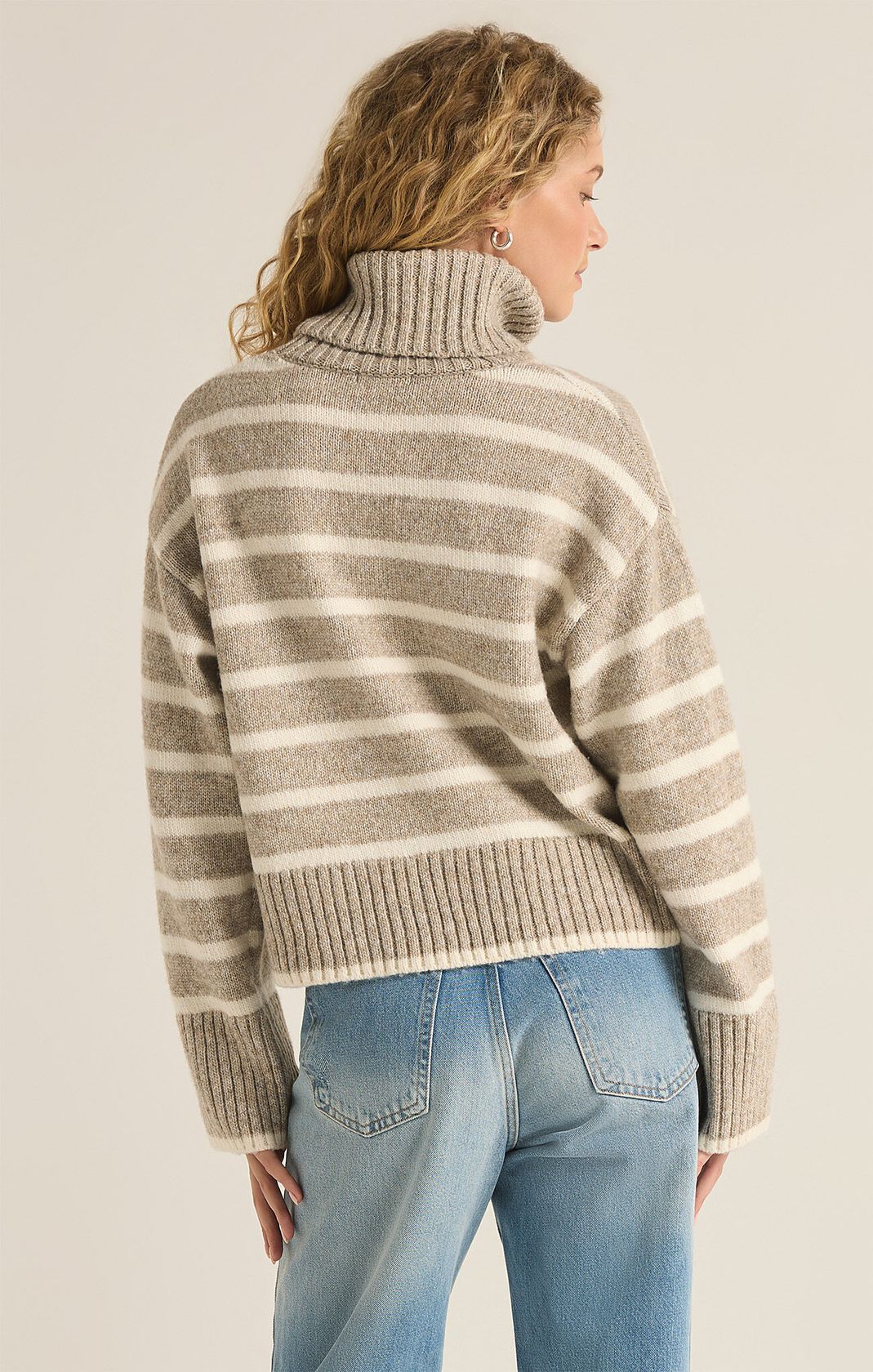 Taupe Long Sleeve Striped Turtleneck Sweater