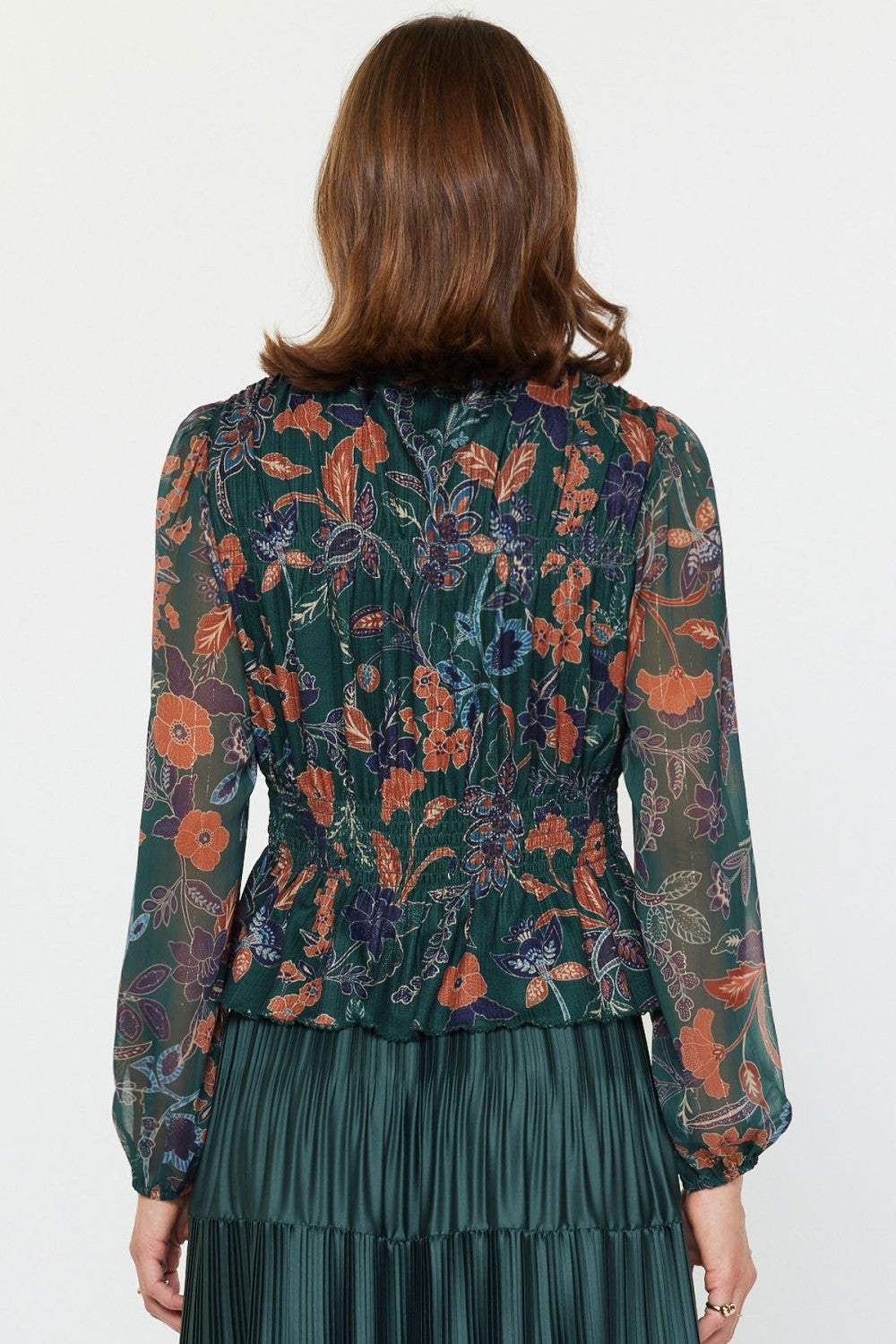 Green Floral Print Long Sleeve Blouse Top