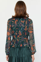 Green Floral Print Long Sleeve Blouse Top