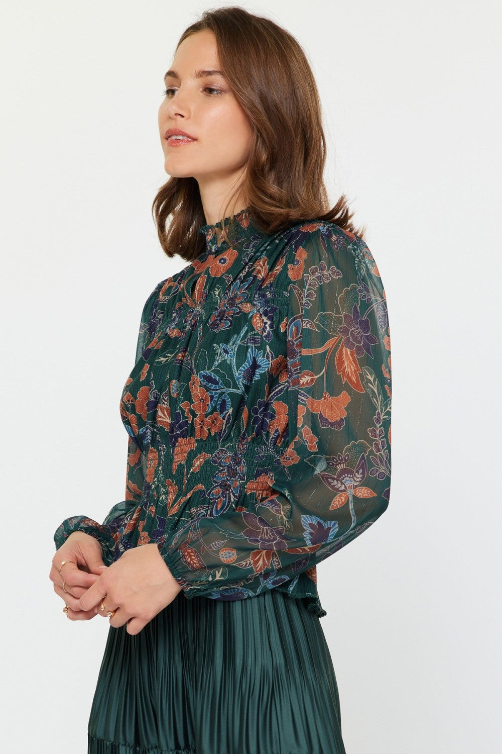 Green Floral Print Long Sleeve Blouse Top