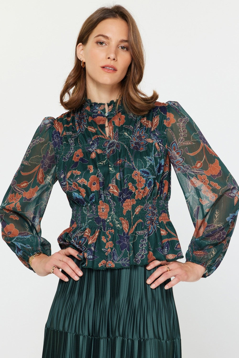 Green Floral Print Long Sleeve Blouse Top