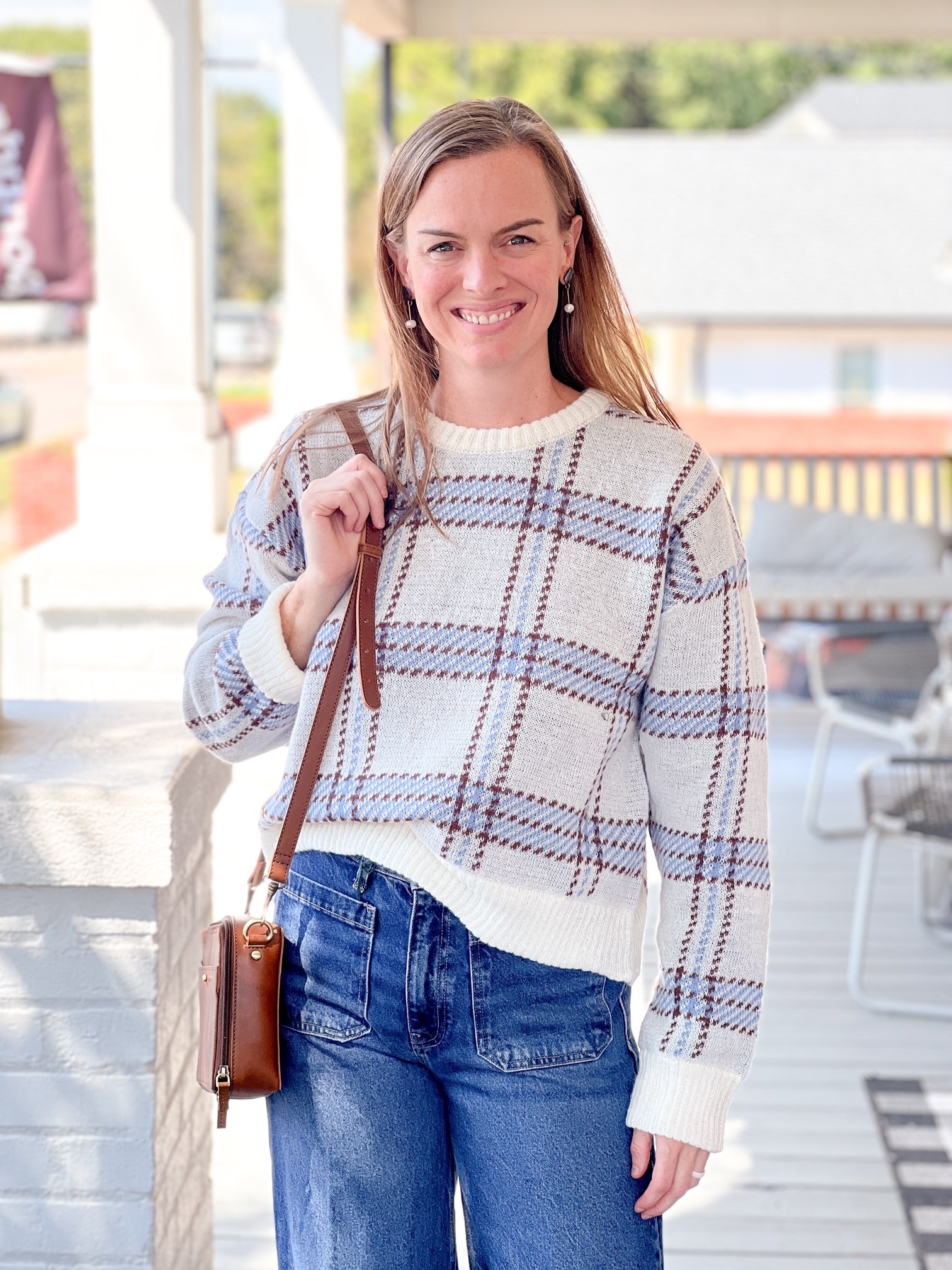 blue, cream and brown plaid sweaters