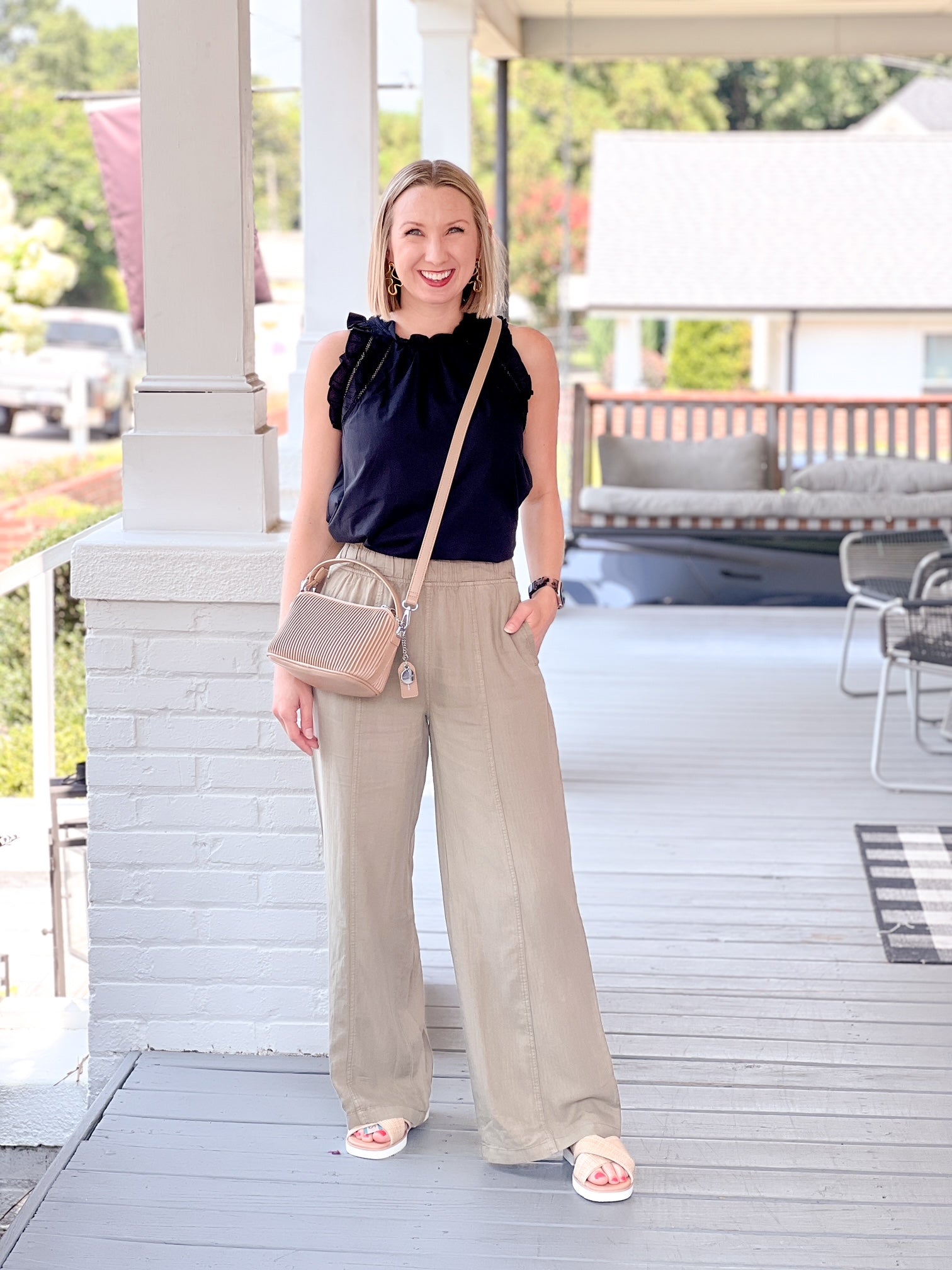 elastic waistband olive wide leg pants