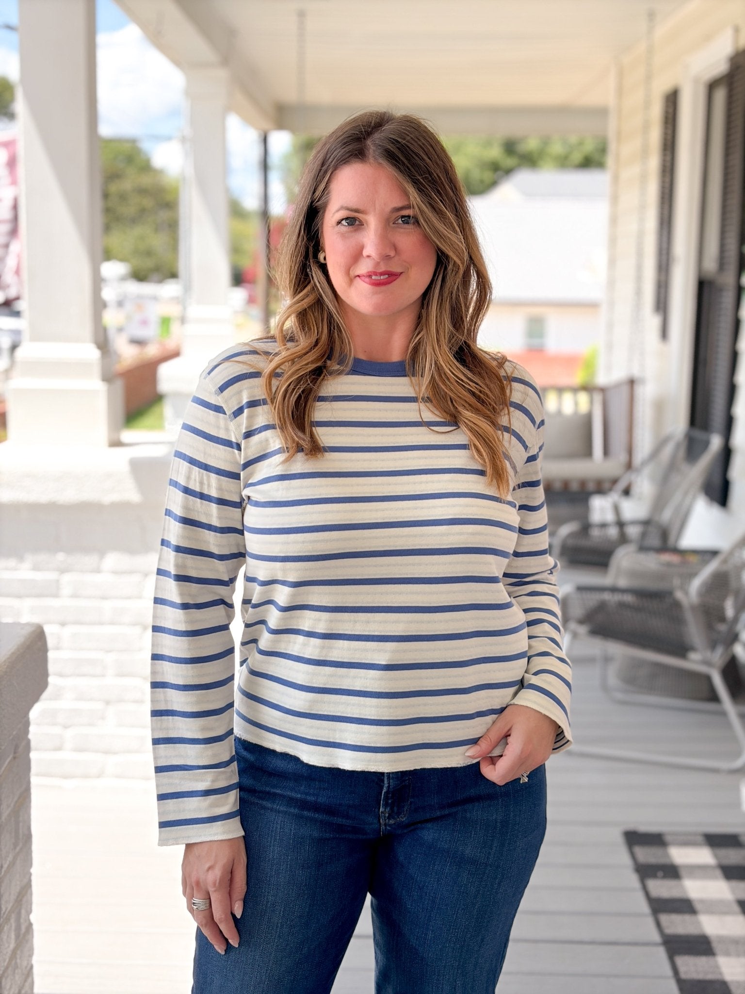 Rose & Lee Co Juno Double Knit Top, Faded Blue Stripe by Marine Layer Long Sleeve