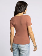 Brown Ribbed Short Sleeve Tee with Scoop Neckline