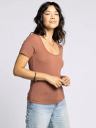 Brown Ribbed Short Sleeve Tee with Scoop Neckline