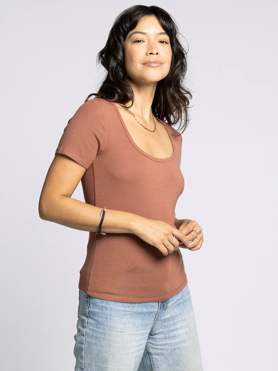 Brown Ribbed Short Sleeve Tee with Scoop Neckline