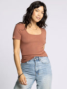 Brown Ribbed Short Sleeve Tee with Scoop Neckline