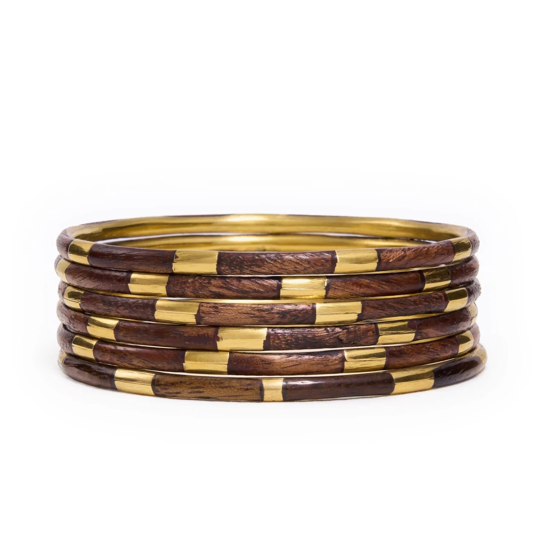 Rose & Lee Co Katherine Bangle Set of 6, Wood + Brass Bracelets