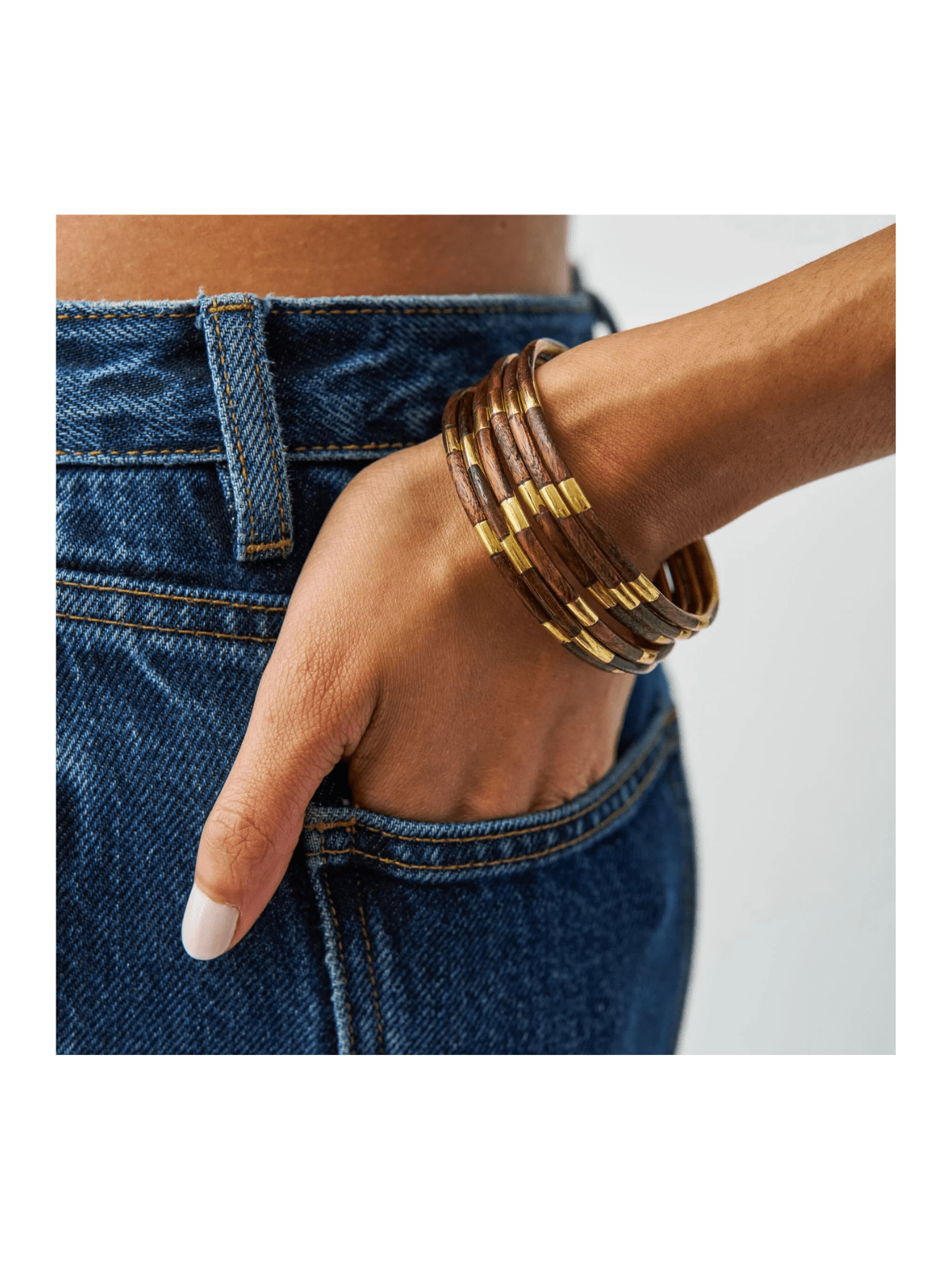 Rose & Lee Co Katherine Bangle Set of 6, Wood + Brass Bracelets