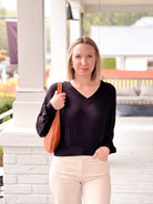 Black V-Neck Long Sleeve Top