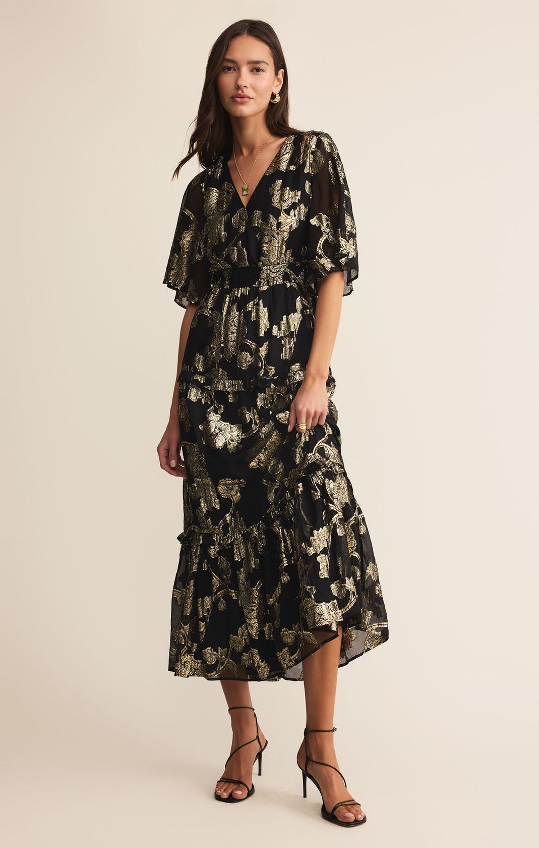 Black/Gold Floral Short Sleeve Maxi Dress
