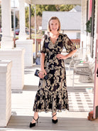 Black/Gold Floral Short Sleeve Maxi Dress