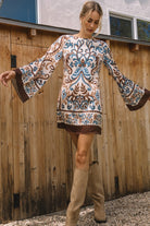 Ivory/Blue/Brown Long Sleeve Mini Dress