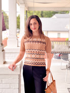 Camel Short Sleeve Jacquard Sweater Top