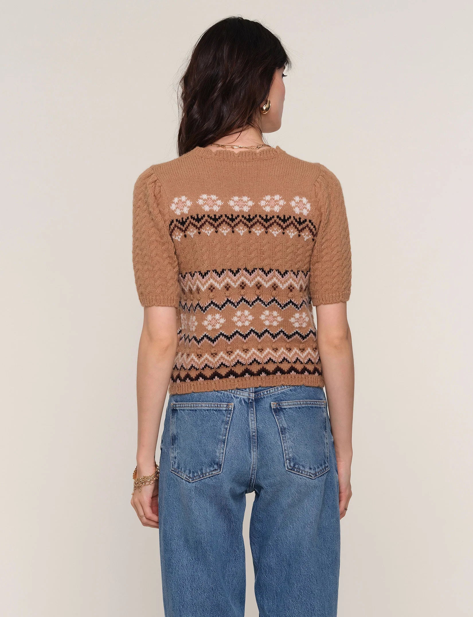 Camel Short Sleeve Jacquard Sweater Top