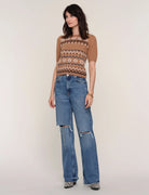 Camel Short Sleeve Jacquard Sweater Top