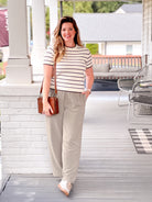 Ivory/Brown Striped Short Sleeve Sweater