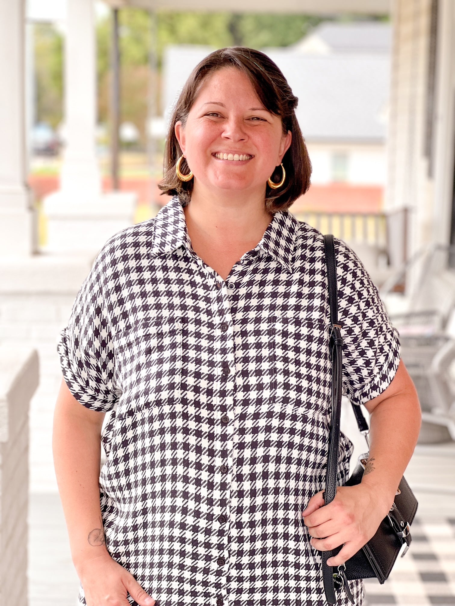 houndstooth black and white mini length button up dress
