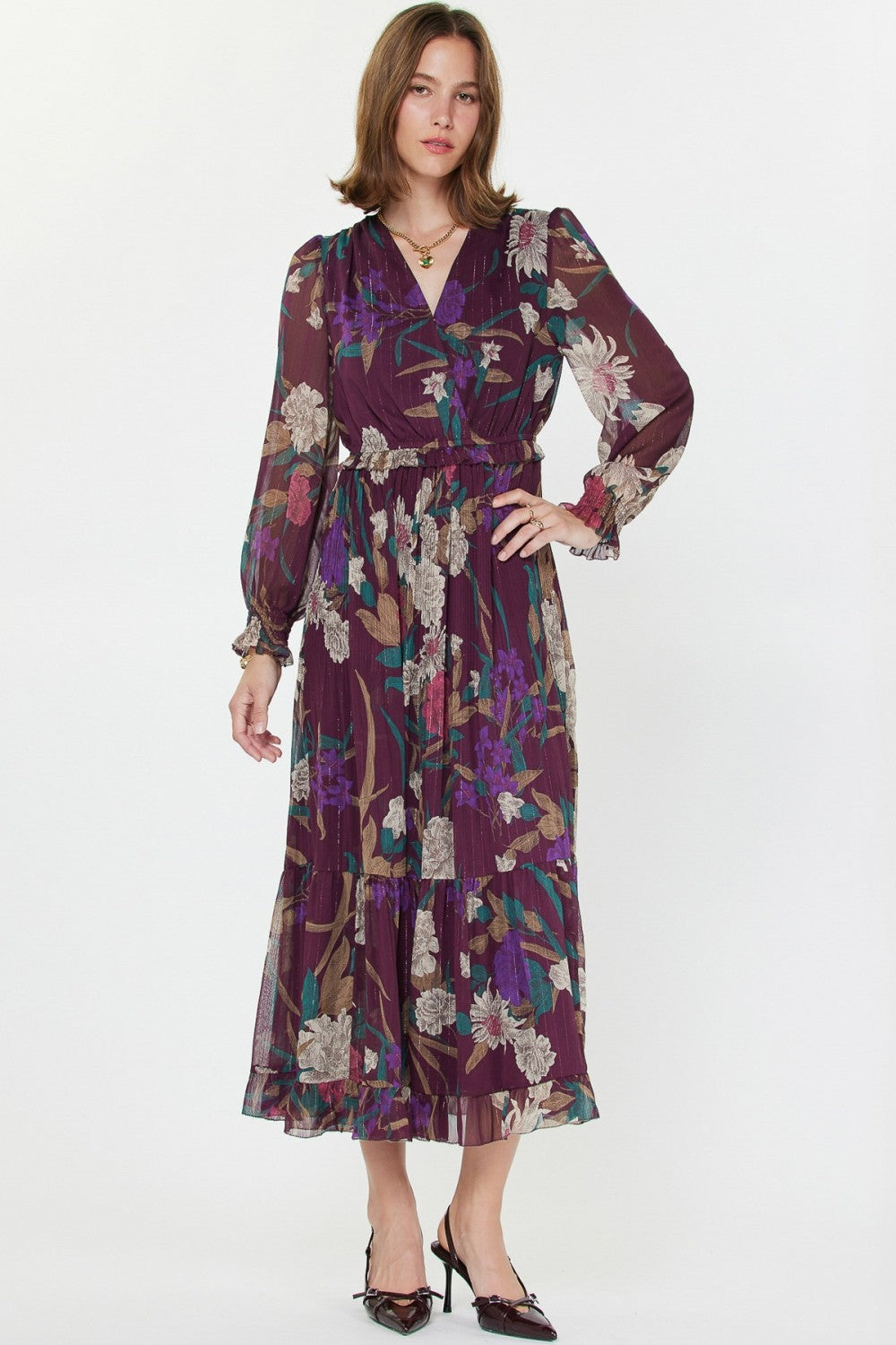 Wine Long Sleeve Floral Print Midi Length