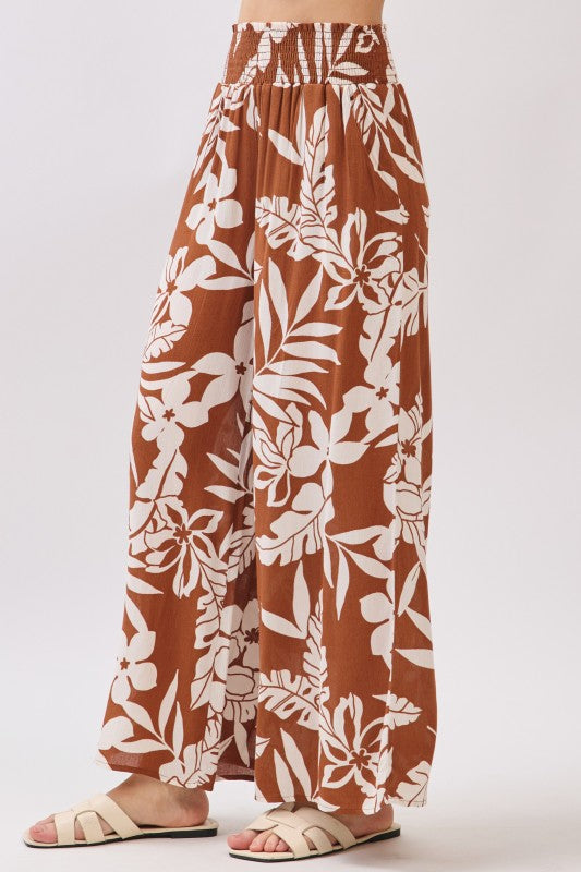 Brown Tropical Printed Wide Leg Pants