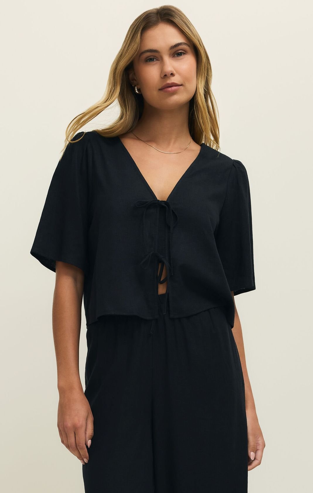 Black Front Tie Short Sleeve Top