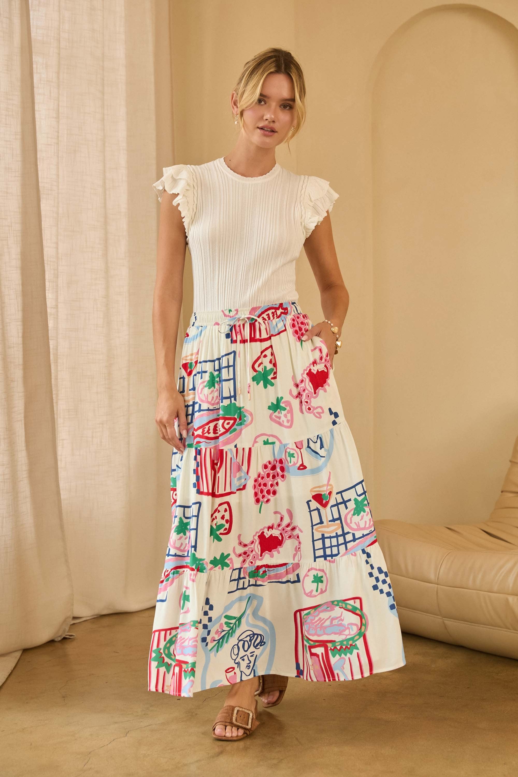 Summer Printed White Maxi Skirt