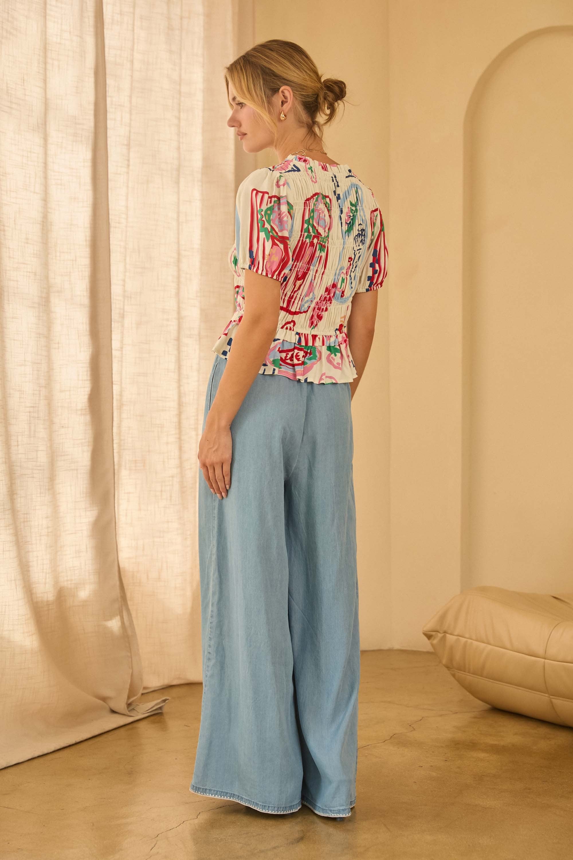 Summer Printed White Smocked Short Sleeve Top