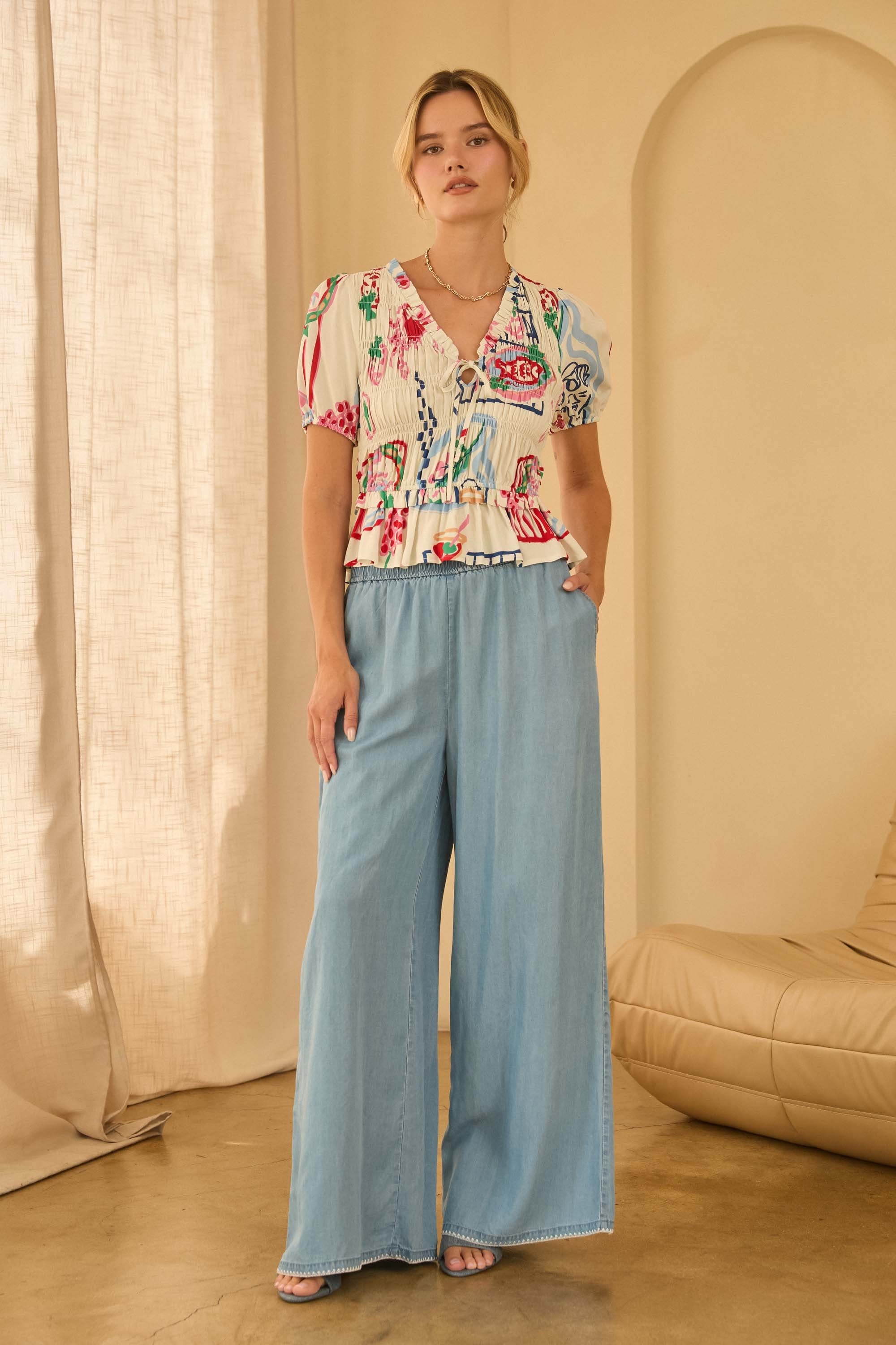 Summer Printed White Smocked Short Sleeve Top