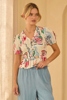 Summer Printed White Smocked Short Sleeve Top