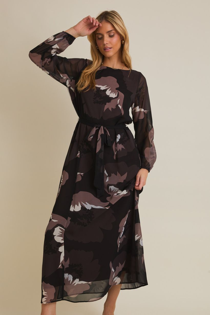 Long Sleeve Shark Bite Hemline Floral Dress