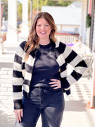 cardigan, zip front, black and white stripes