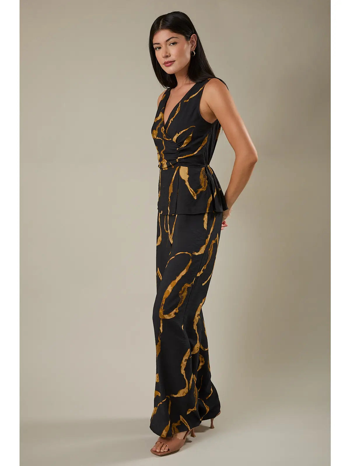 Black/Taupe Abstract Sleeveless Jumpsuit