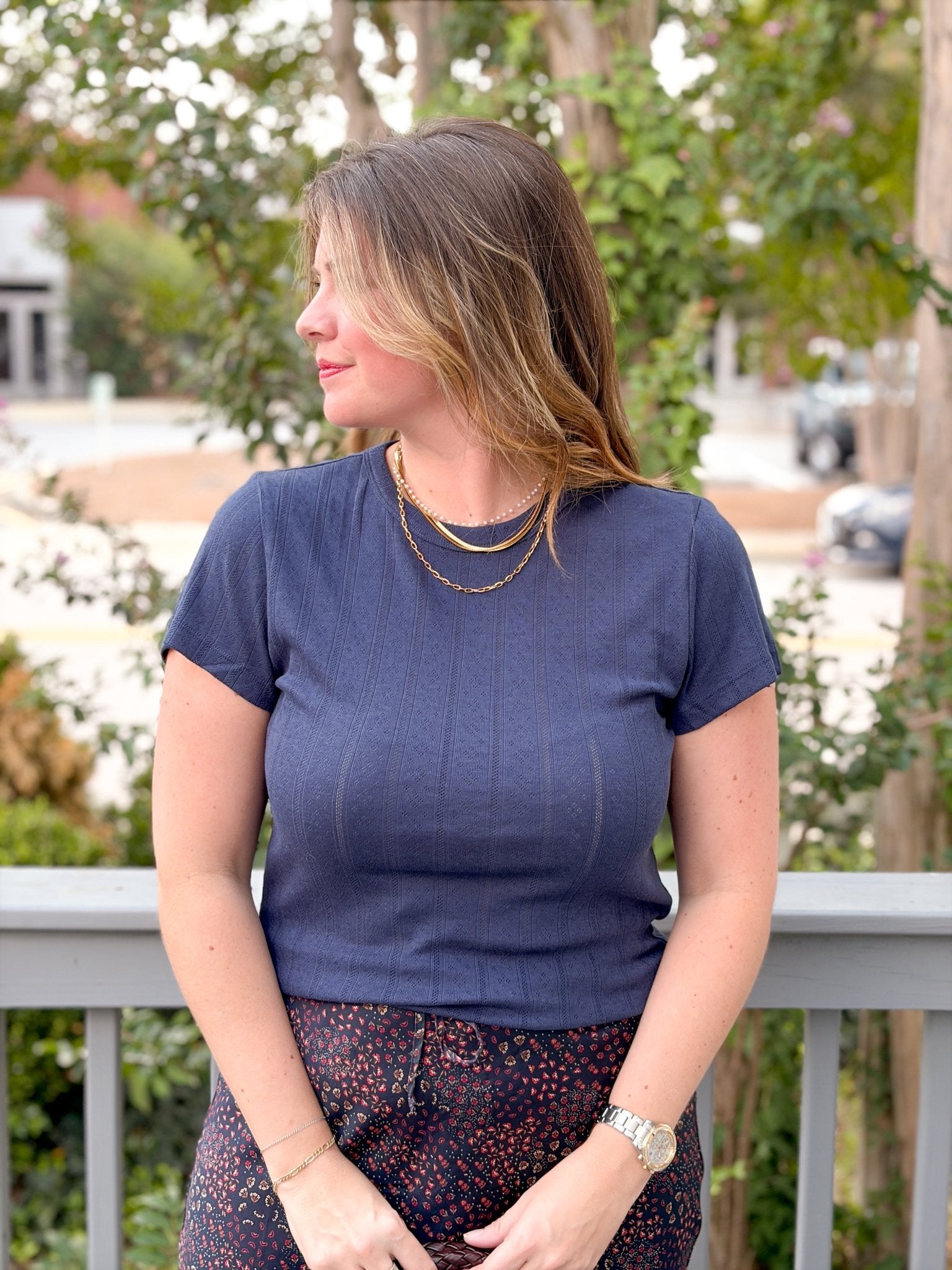 Rose & Lee Co Lexi Pointelle Top, Navy by Marine Layer short sleeve