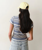 blue and white stripe short sleeve top